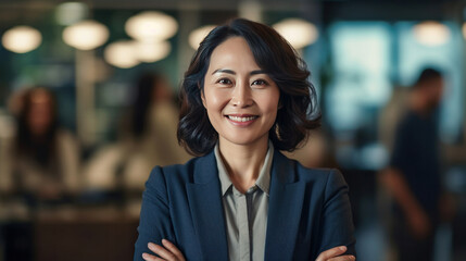 Obraz premium Asian mature professional business woman standing in an office smiling confidently. Business corporate people background.