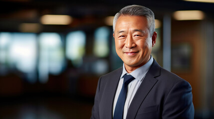 Fototapeta premium Asian mature professional business man standing in an office smiling confidently. Business corporate people background.
