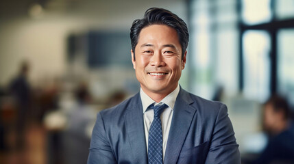 Fototapeta premium Asian mature professional business man standing in an office smiling confidently. Business corporate people background.