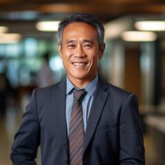 Asian mature professional business man standing in an office smiling confidently. Business corporate people background.