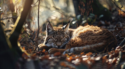 Obraz premium a close up of a cat laying on the ground in a field of dry grass and leaves with a blurry background.