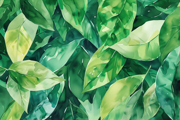 A lush pattern of green watercolor leaves, ideal for environmental themes or springtime concepts