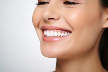 Obraz premium portrait of beautiful woman smiling and showing teeth on colour background 