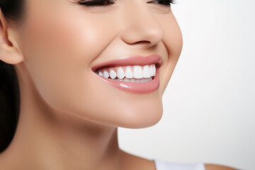 Obraz premium portrait of beautiful woman smiling and showing teeth on colour background 