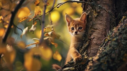  a small kitten climbing up the side of a tree to get a look out from behind the bark of a tree.