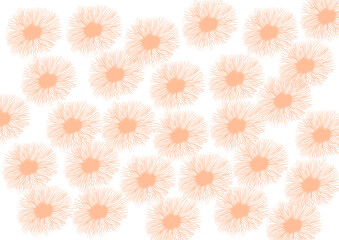 Background with decorative elements of peach fuzz color on white. Uneven circles from the center of which many thin curved lines emerge. The elements touch. Tenderness, softness, sensuality.