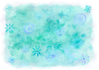 Abstract background. Watercolor stain of blue and turquoise colors on white. Different shades and blurs. Flowers and decorative elements are easily visible. Stylization. Circles, lines, dots.