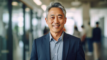 Asian mature professional business man standing in an office smiling confidently. Business corporate people background. - obrazy, fototapety, plakaty