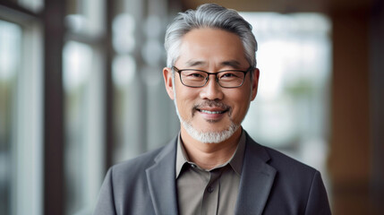 Fototapeta premium Asian mature professional business man standing in an office smiling confidently. Business corporate people background.