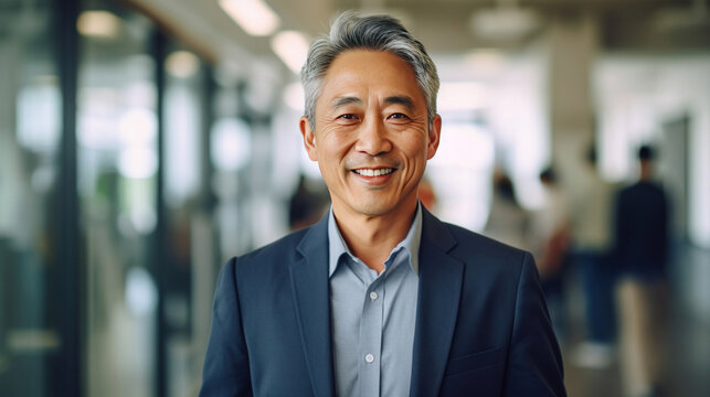 Asian Mature Professional Business Man Standing In An Office Smiling Confidently. Business Corporate People Background.