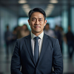 Fototapeta premium Asian mature professional business man standing in an office smiling confidently. Business corporate people background.