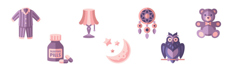 Sleep Object and Item Flat Icon Purple Vector Set