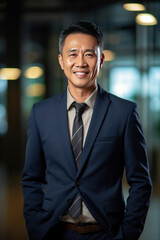 Asian mature professional business man standing in an office smiling confidently. Business corporate people background.