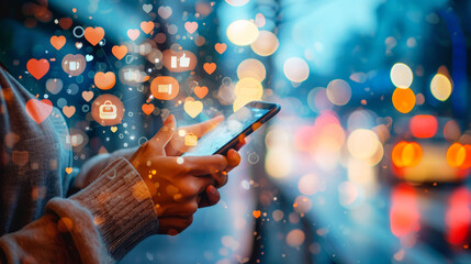 Social Media Engagement Over Smartphone.
Close-up of hands using smartphone with heart and chat icons, bokeh lights in background.