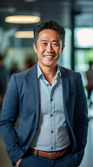 Obraz premium Asian mature professional business man standing in an office smiling confidently. Business corporate people background.