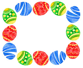 Frame of Easter eggs on white background. Red, green, blue, yellow colors. Eggs have different patterns. Geometric ornament. Circles, lines, triangles, zigzags. Watercolor drawing. White copy space.