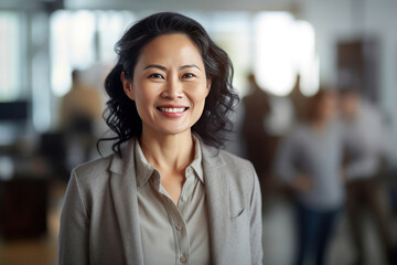 Naklejka premium Asian mature professional business woman standing in an office smiling confidently. Business corporate people background.