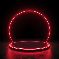 Modern circular red neon light stage with halo illumination, ai technology