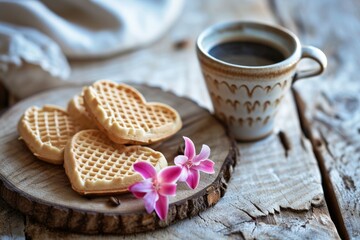 Fototapeta na wymiar Sweetheart Breakfast: Heart-shaped waffle biscuits served with a cup of coffee and a single flower, arranged on a rustic table, photographed from a tilted angle...