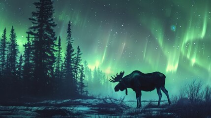  a moose standing in the middle of a forest under a green and blue sky with the aurora lights in the background.