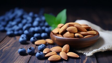 Almond nuts in wooden bowl with blueberries on wooden table.