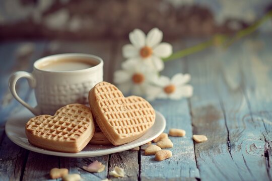 Vintage Elegance: Heart-shaped waffle biscuits, cup of coffee, and a flower, set against a vintage-toned rustic backdrop, photographed with soft, diffused lighting...