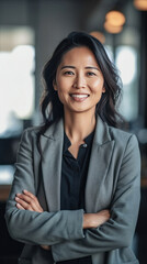 Obraz premium Asian mature professional business woman standing in an office smiling confidently. Business corporate people background.