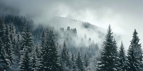 Snow covered trees in the forest during a fog. coniferous forest covered with hoarfrost. - obrazy, fototapety, plakaty