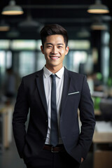 Asian young business man standing in an office smiling confidently. Business corporate people background.