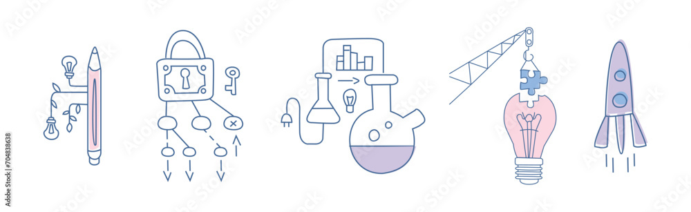Poster simple creative process line icon and object vector set
