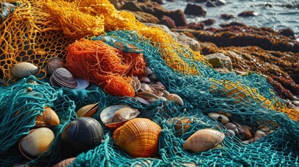  a pile of colorful fishing nets sitting on top of a body of water next to a pile of sea shells.