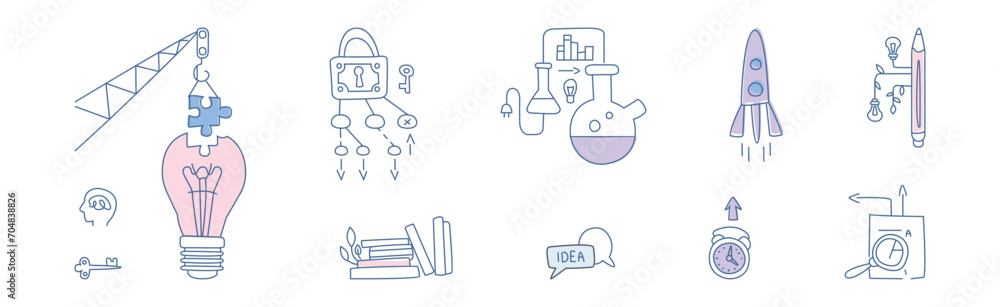 Poster simple creative process line icon and object vector set