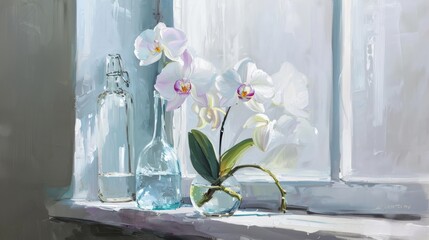  a painting of a window sill with a vase of flowers and a bottle of water on the window sill.