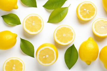 lemons on a white background. juicy citrus yellow fruits with green leaves.