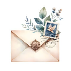 Vintage envelope. Watercolor envelope with leaves and stamp. Envelope watercolor clipart. Envelope watercolor element.
