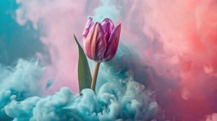  a single pink tulip sitting on top of a cloud of blue and pink smoke on a pink and blue background.