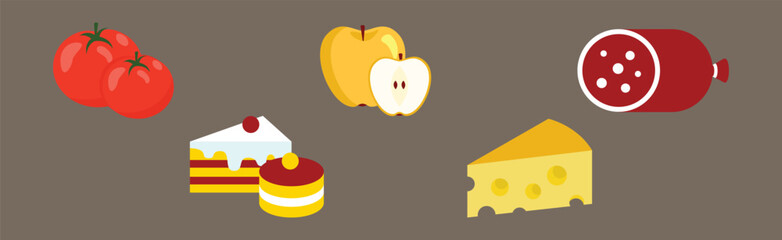 Flat Food Icon with Tomato, Apple, Wurst, Cake and Cheese Vector Set