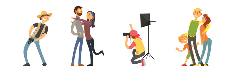 People Character Take Photo Posing and Smiling and Cameraman Vector Set
