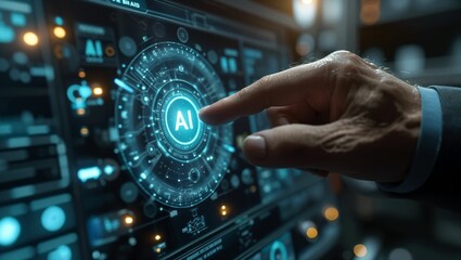Fototapeta premium Businessman hand pushing a AI button, AI touch screen hologram, technology concept