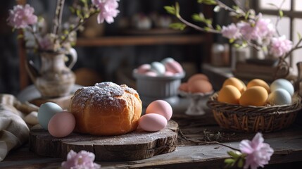 Obraz na płótnie Canvas a table topped with a loaf of bread covered in powdered sugar next to eggs and a basket of flowers.
