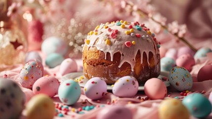  a bundt cake with icing and sprinkles on a pink surface surrounded by eggs and flowers.