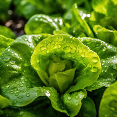 Close up of lettuce grown in greenhouse with drip irrigation hose system.