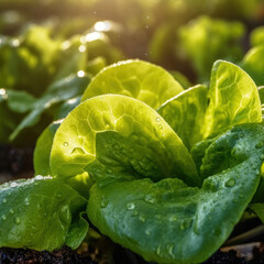 Close up of lettuce grown in greenhouse with drip irrigation hose system.