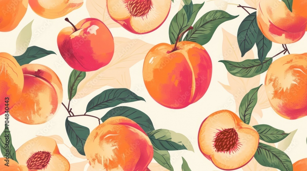 Poster a close up of a pattern of peaches and leaves on a white background with oranges and green leaves.