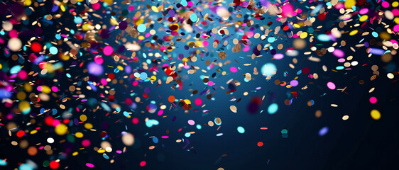 falling colorful confetti. Colorful confetti flying in air on blue background. - obrazy, fototapety, plakaty