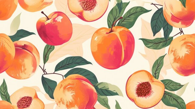  a close up of a pattern of peaches and leaves on a white background with oranges and green leaves.