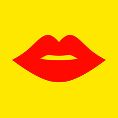 Sexy red lips on yellow background. Woman's lips appear thick against white background.