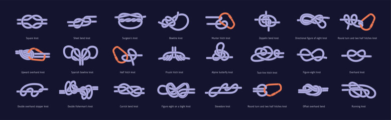 Different marine knots set. Learning, tutorial who to reef climbing nodes. Carrick, running, eight figure bonds. Hiking string bundles with hitch, sailor rope ties. Flat isolated vector illustration