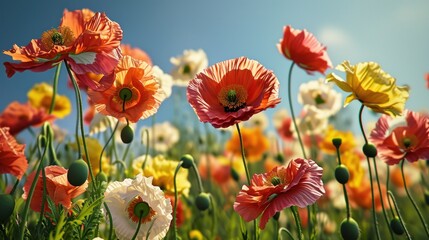  a field full of colorful flowers with a blue sky in the backgrounnd of the image is a photograph of a field full of colorful flowers with a blue sky in the background.