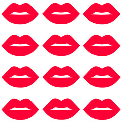 Bright red lips. Lips pattern on white background. Fashion trendy background. For design, prints, textiles, fabrics, wallpapers, wrapping and love logos. Vector illustration